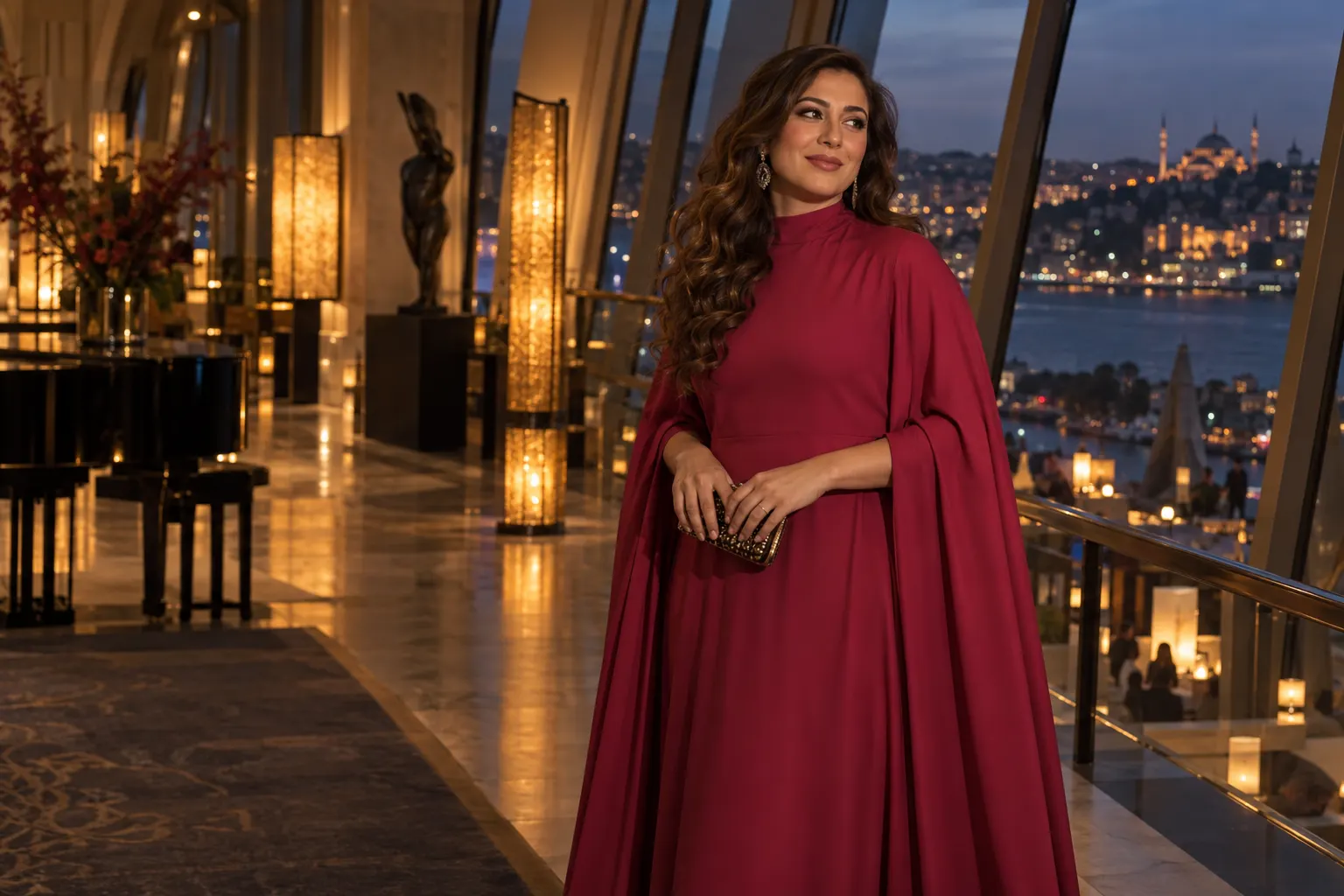 koyu gül rengi uzun elbise giyen yetişkin kurgu trans kadın, hayalî bir İstanbul kültür mekânı girişinde moda portresi.