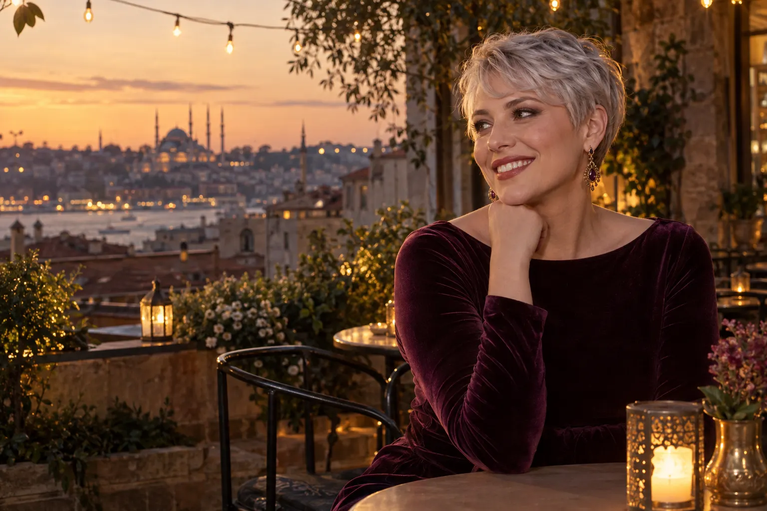 patlıcan moru uzun kadife elbise giyen yetişkin kurgu trans kadın, İstanbul çatıları görünen hayalî kafe avlusunda moda portresi.