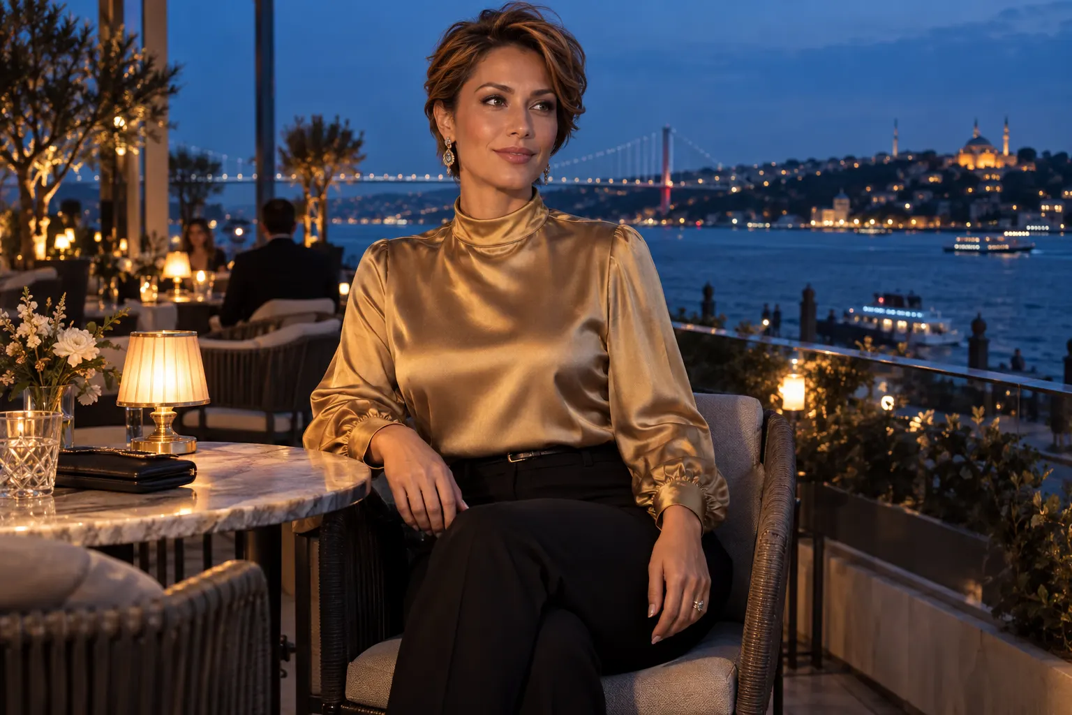 altın rengi bluz ve siyah pantolon giyen yetişkin kurgu trans kadın, hayalî Boğaz terasında moda portresi.