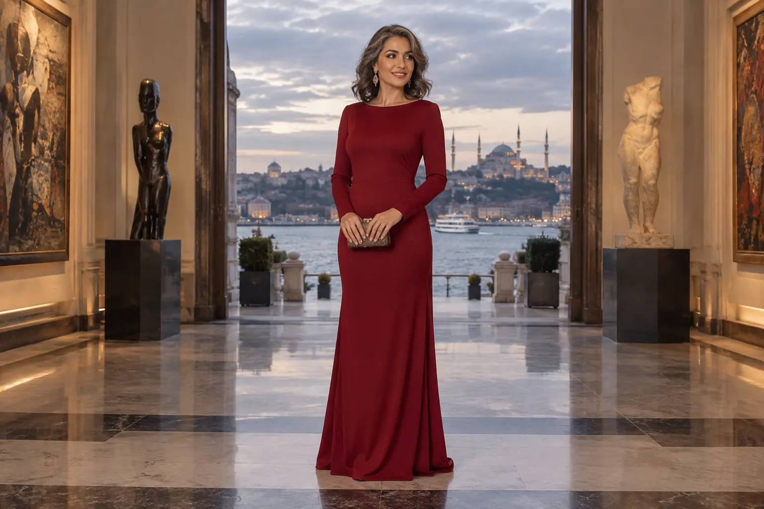 yakut kırmızısı uzun gece elbisesi giyen yetişkin kurgu trans kadın, hayalî bir İstanbul galeri girişinde moda portresi.