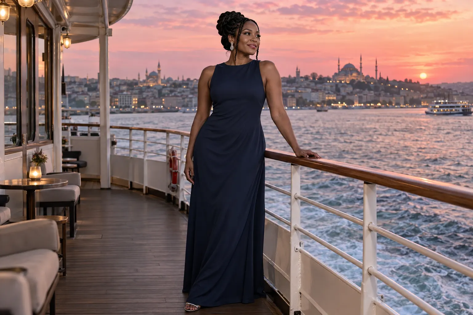 gece mavisi uzun elbise giyen yetişkin kurgu trans kadın, İstanbul silueti önündeki vapur güvertesinde moda portresi.