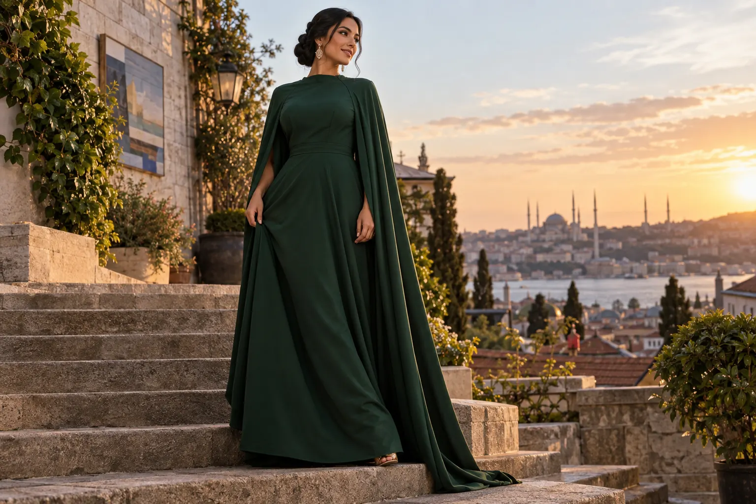 orman yeşili uzun pelerinli elbise giyen yetişkin kurgu trans kadın, İstanbul çatılarına bakan hayalî taş merdivende moda portresi.