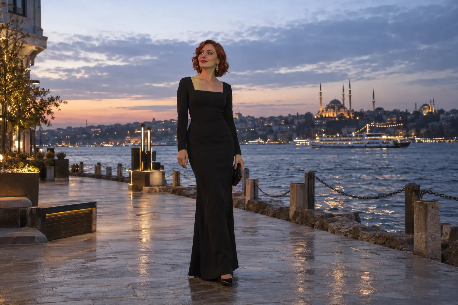 siyah uzun gece elbisesi giyen yetişkin kurgu trans kadın, İstanbul kıyısındaki yürüyüş yolunda moda portresi.