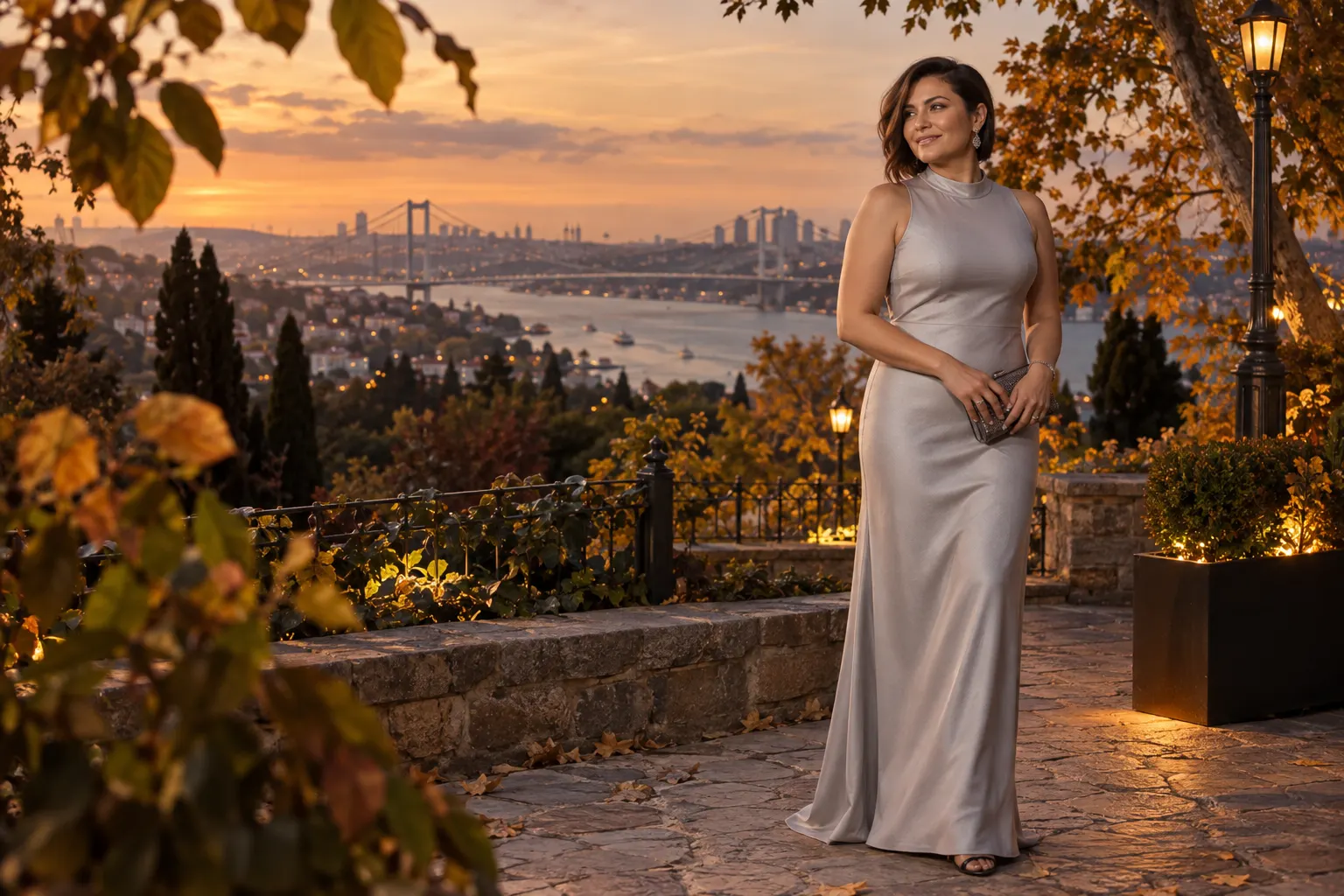 inci grisi uzun elbise giyen yetişkin kurgu trans kadın, İstanbul manzaralı park köşesinde moda portresi.