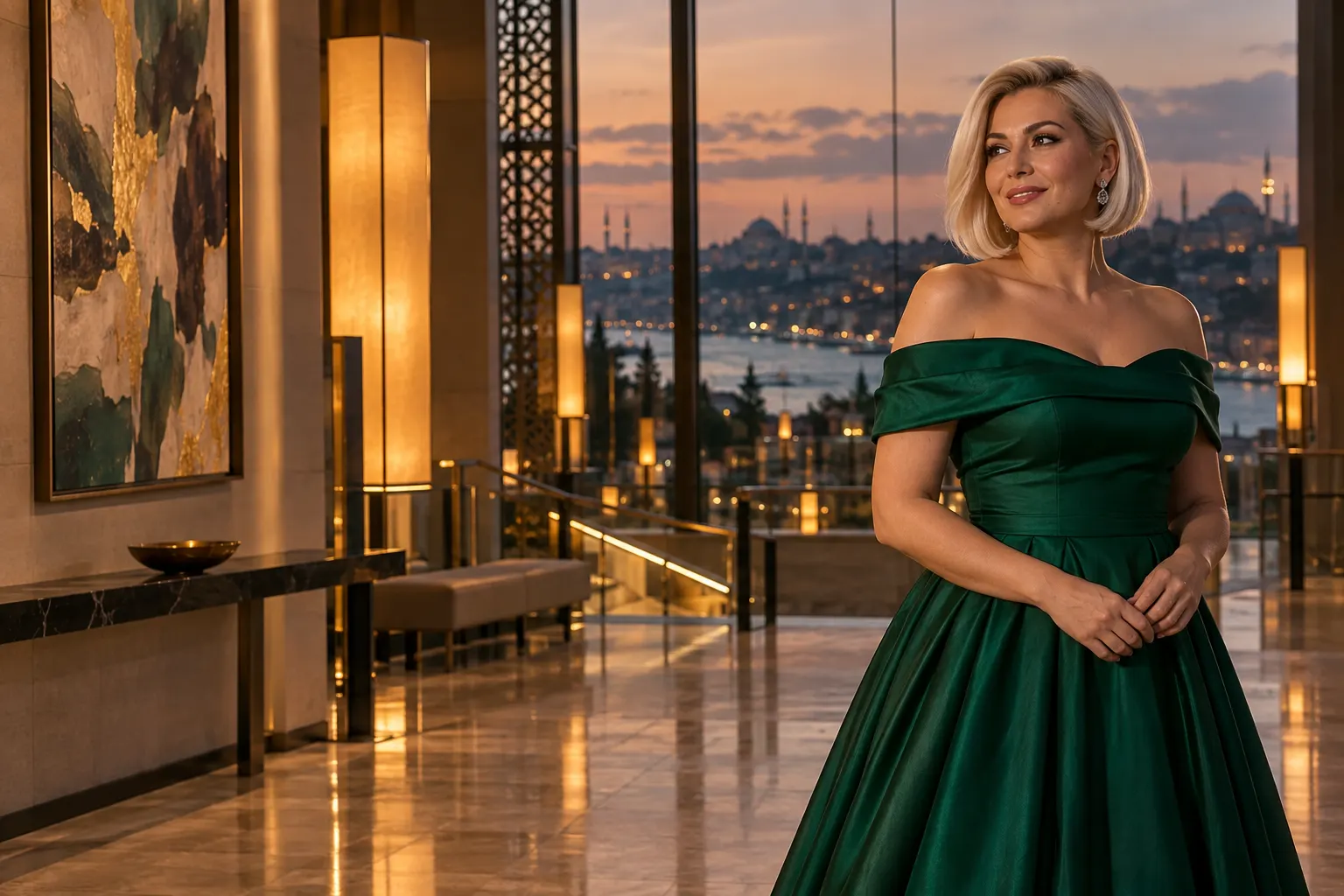 zümrüt yeşili uzun abiye giyen yetişkin kurgu trans kadın, hayalî bir İstanbul kültür mekânı girişinde moda portresi.