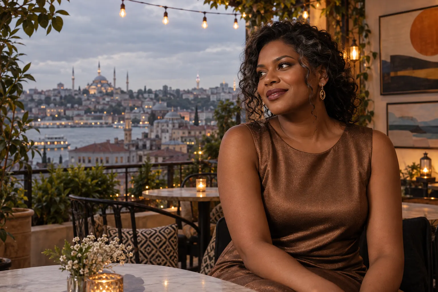 bronz rengi uzun elbise giyen yetişkin kurgu trans kadın, İstanbul çatıları görünen hayalî kafe avlusunda moda portresi.